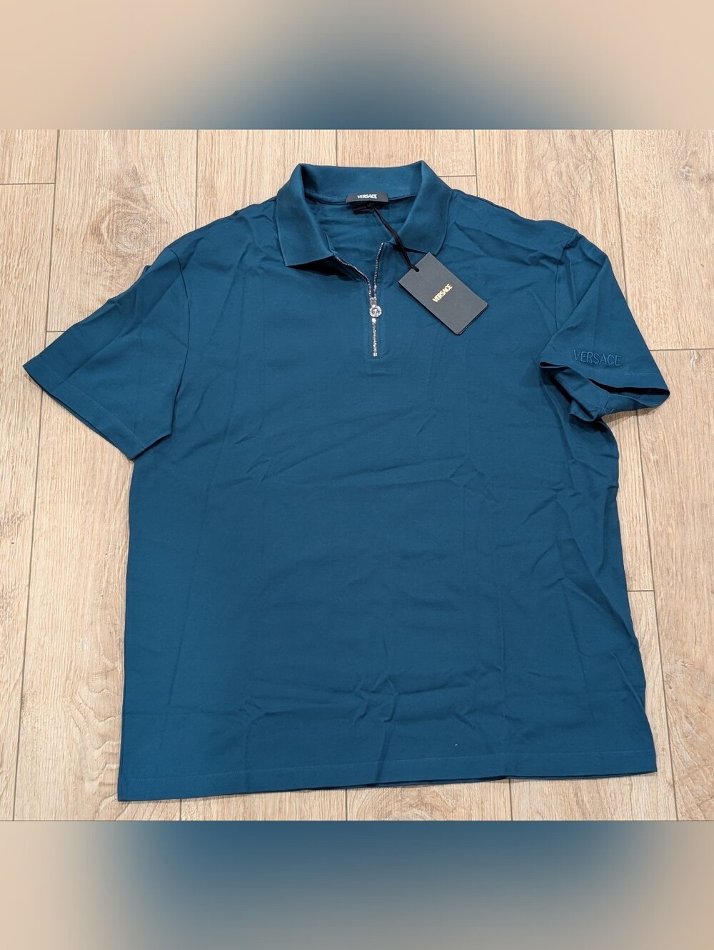 $795 Mens VERSACE Medusa Zip Pique Polo Shirt Petrol Blue Medium